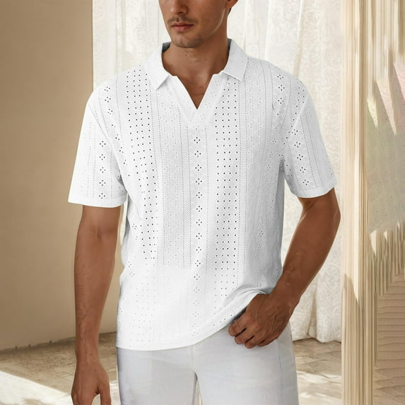 BXINGOHAI Men's Knit Shirt Short Sleeve Crew Neck Casual Summer Fit Hollow Out Solid Color Knitted Shirts White,XXL