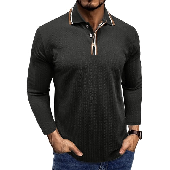 BXINGOHAI Men's Knit Shirts Long Sleeve Button Up Pullover Sweater Textured Casual Collared Tops Black 2XL