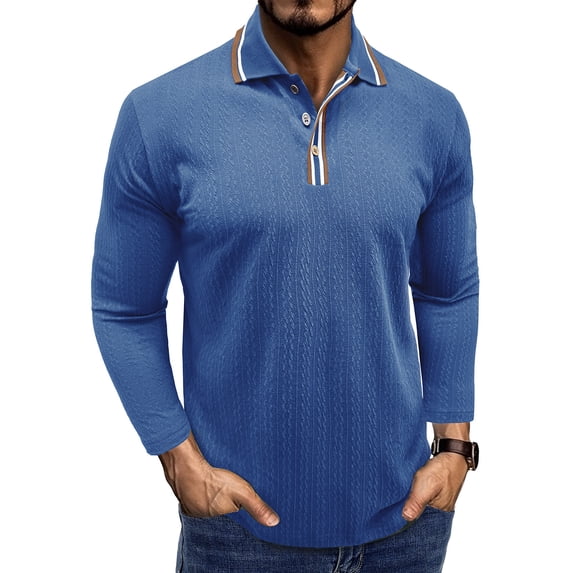 BXINGOHAI Men's Knit Shirts Long Sleeve Button Up Pullover Sweater Textured Casual Collared Tops Blue S