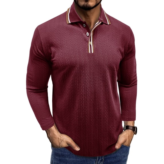 BXINGOHAI Men's Knit Shirts Long Sleeve Button Up Pullover Sweater Textured Casual Collared Tops Wine L