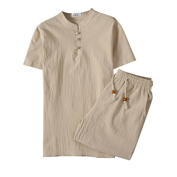 BXINGOHAI Men's Linen Sets 2 Piece Outfits Short Sleeve Henley Shirts and Shorts Summer Beach Yoga Pants Set Khaki,5XL