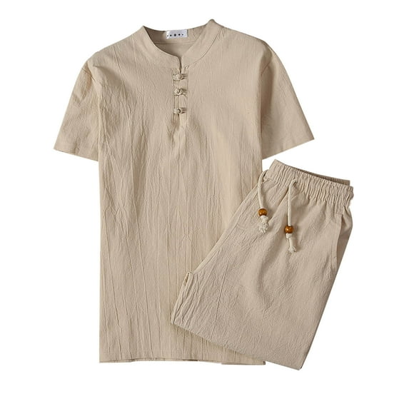 BXINGOHAI Men's Linen Sets 2 Piece Outfits Short Sleeve Henley Shirts and Shorts Summer Beach Yoga Pants Set Clearance Sale Khaki,L