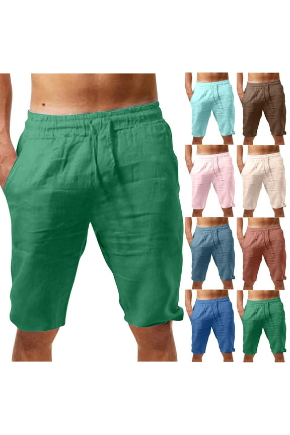 Men's Linen Shorts Casual Drawstring Summer Beach Shorts Today Blue,M