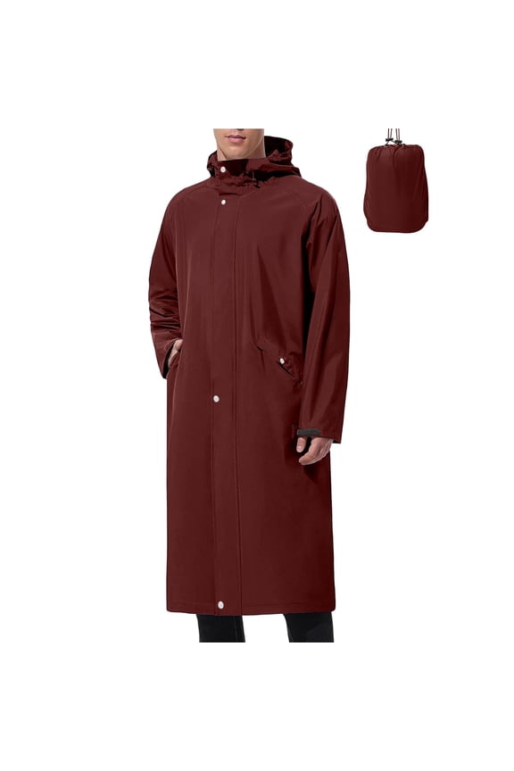 Men's Long Rain Jacket Windbreaker Waterproof Lightweight Packable Running Hiking Cycling Golf Rain Coat with Hood Wine M
