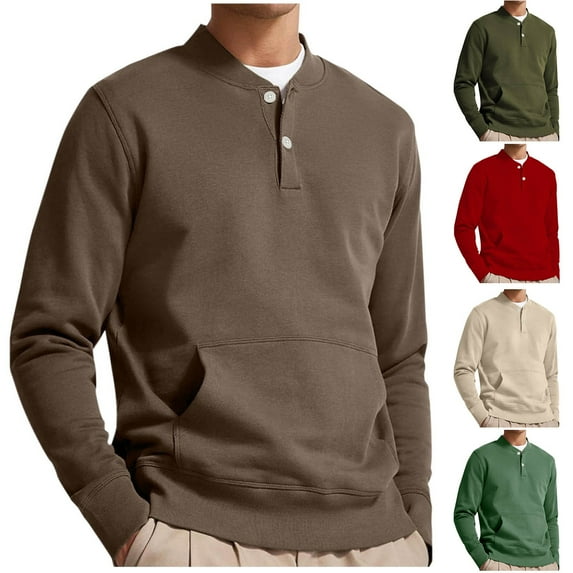 BXINGOHAI Men's Long Sleeve Henley Sweatshirt 3-Button Placket Comfortable Sweatshirts for All Seasons with Pockets Army Green,L