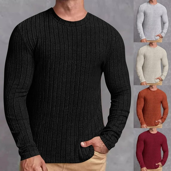 BXINGOHAI Men's Long Sleeve Shirts Casual Crewneck Pullover T-Shirt Stretch Textured Knit Tee with Pocket Today Sales Red,S