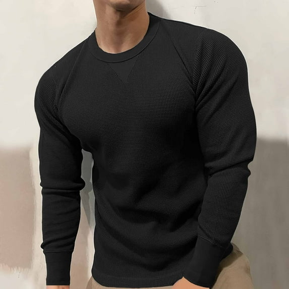 BXINGOHAI Men's Long Sleeve Shirts Waffle Pullover Sweater Crewneck Thermal Tops Lightweight Undershirts Today Black,2XL