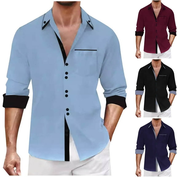 BXINGOHAI Men's Long Sleeve Slim Fit Casual Shirts Contrast Collar and Convertible Cuffs Dress Shirt Navy,S