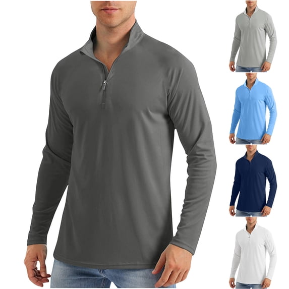 BXINGOHAI Men's Long Sleeve Sun Shirts UPF 50+ Tees 1/4 Zip Up Fishing Running T-Shirts Outdoor Shirt Light Blue L