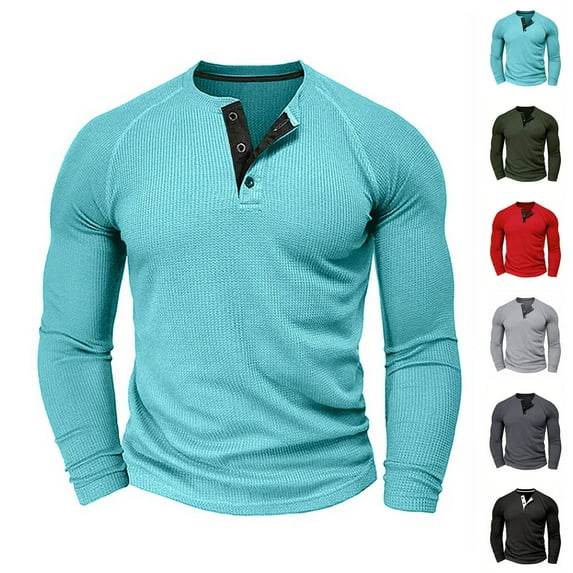 BXINGOHAI Men's Long Sleeve Waffle Henley Shirts Casual Fall Thermal Shirts Button T-Shirt Sky Blue S