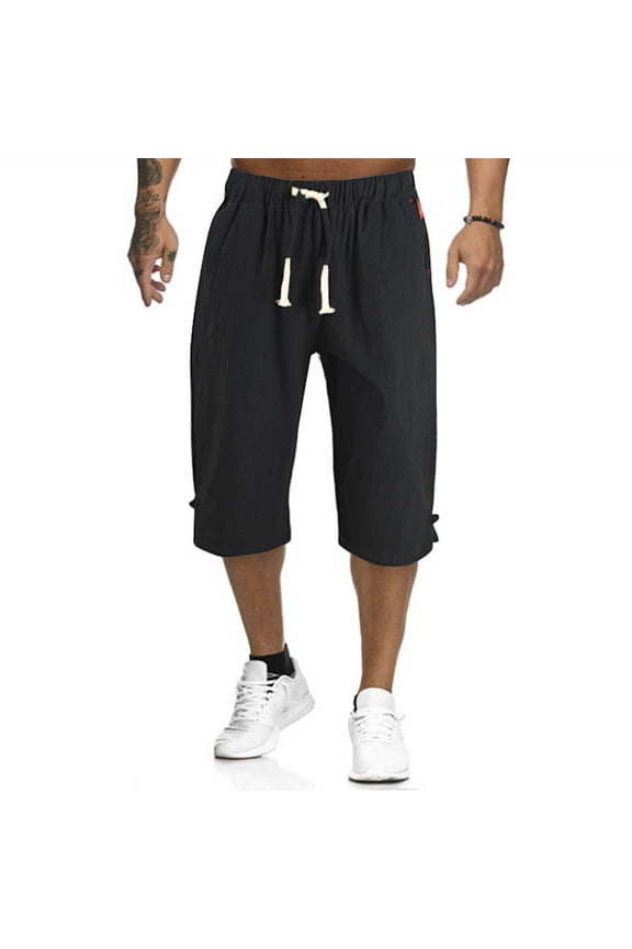 Men's Loose Drawstring Linen Long Shorts Summer 3/4 Below Knee Capri Pants Black,2XL