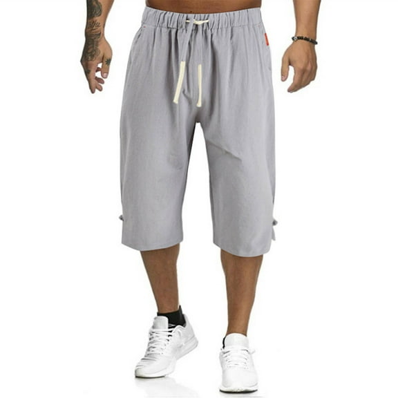 BXINGOHAI Men's Loose Drawstring Linen Long Shorts Summer 3/4 Below Knee Capri Pants Today Sales Gray,4XL