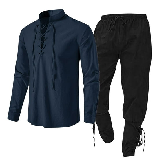 BXINGOHAI Men's Medieval 2 Pieces Sets Renaissance Vintage Shirt Pirate Viking Top With Pants Long Sleeved Halloween Costume Set Today Navy,L