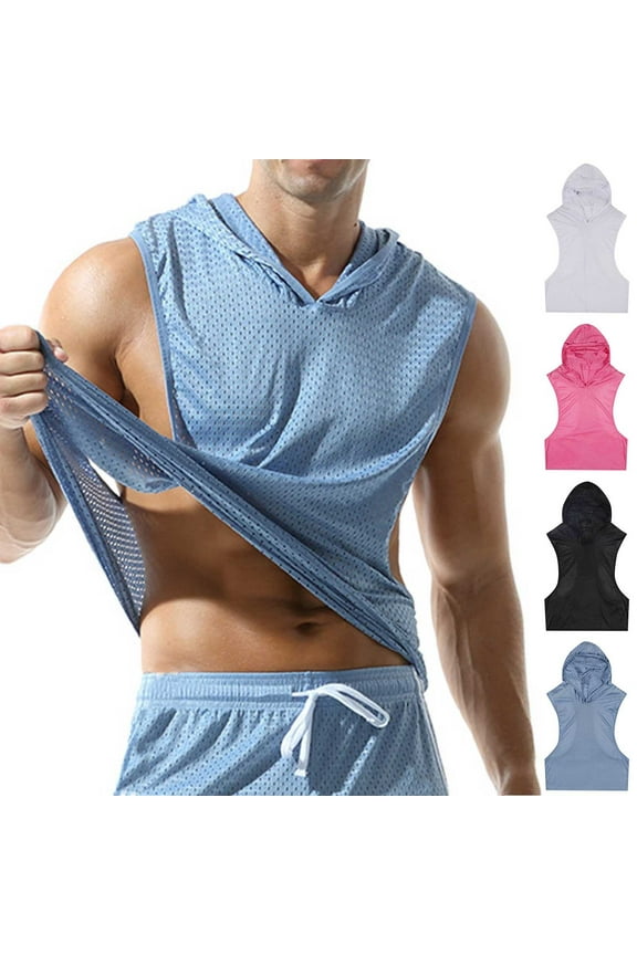 Men's Mesh Hooded Tank Tops Workout Gym Training Hoodies Sleeveless Muscle Bodybuilding Cut Off T Shirt Black,L