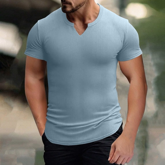 BXINGOHAI Men's Muscle Slim Henley Shirts Crewneck Longline T-Shirt Gym Workout Athletic Shirt Tees Today Light Blue,XL