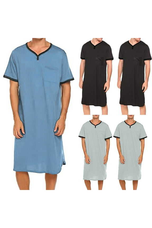 Men's Nightshirt Big and Tall Tall V Neck Short Sleeve Nightgown Summer Soft Mid-Length Henley Sleepwear Sleepshirt Today Blue,L