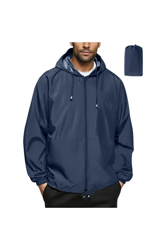 Men's Packable Rain Jacket Waterproof Lightweight Raincoat with Hood Windproof Cycling Jackets Navy XL