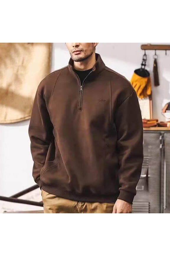 Men's Quarter Zip Pullover Heavy Sweatshirts Warm Fleece Sweatshirt Shirt with Pockets Coffee XL