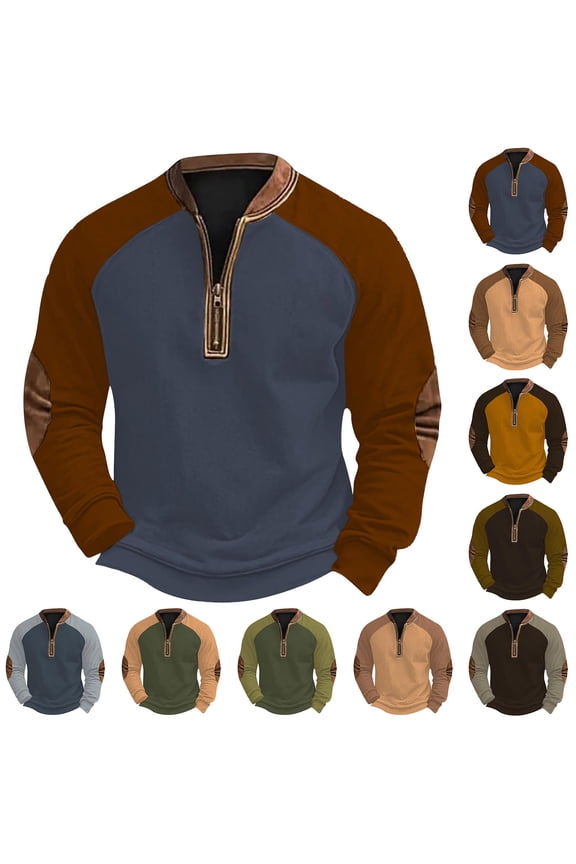 Men's Quarter Zip Pullover Quilted Sweatshirt Pullover Long Sleeve Sweater Color Block Sweatshirt Beige,XL