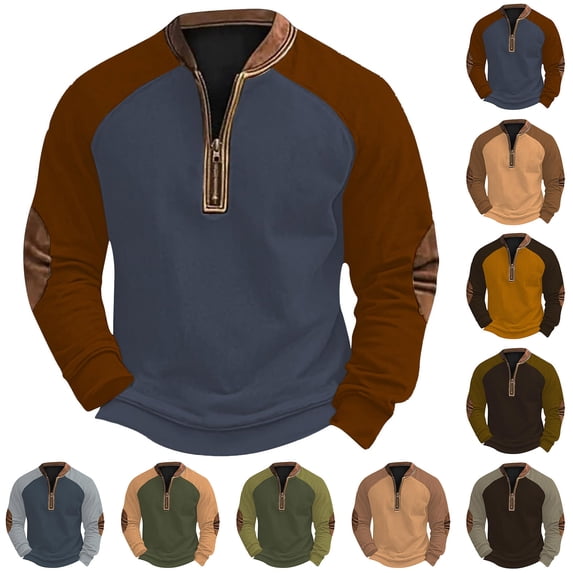 BXINGOHAI Men's Quarter Zip Pullover Quilted Sweatshirt Pullover Long Sleeve Sweater Color Block Sweatshirt Beige,L