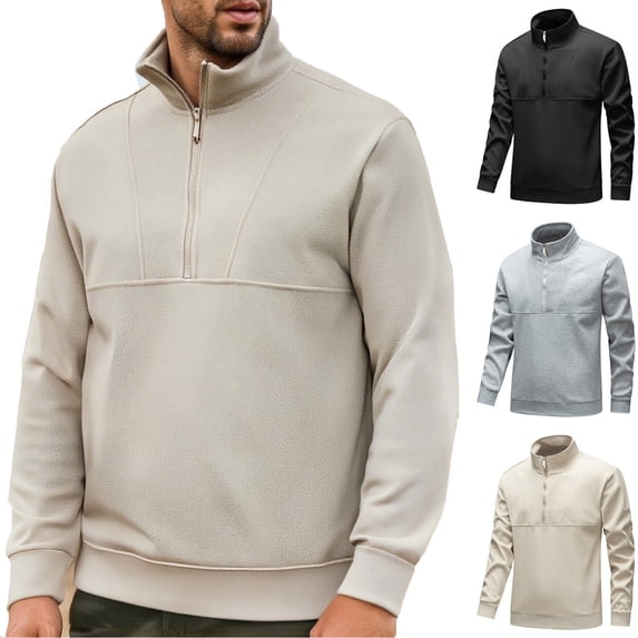 BXINGOHAI Men's Quarter Zip Pullover Sweatshirts Casual Fleece Cotton Sweater Fall Winter Warm Mock Neck with Pockets Khaki 3XL