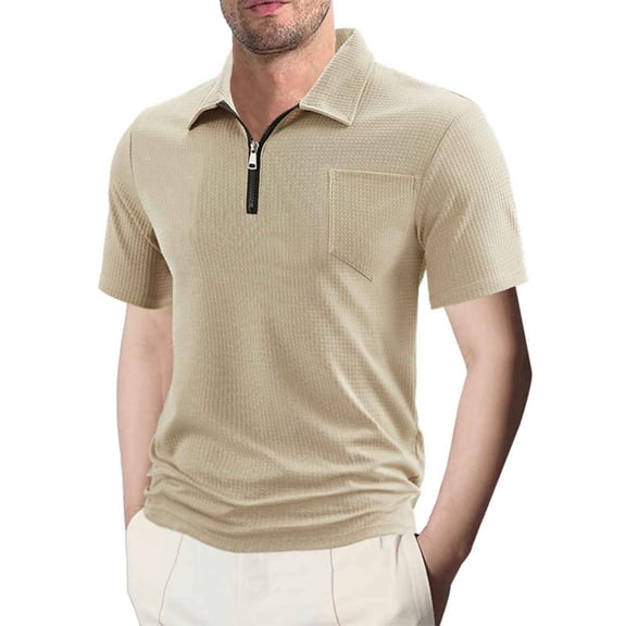 BXINGOHAI Men's Quarter Zip Shirts Short Sleeve Casual Ribbed Knitted Golf Shirt Summer Beach Slim Fit Tops Today Khaki,L