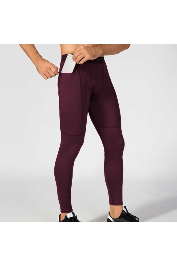 Men's Running Tights with Pockets Workout Compression Leggings Cycling Pants for Men Hiking Jogging Wine,S