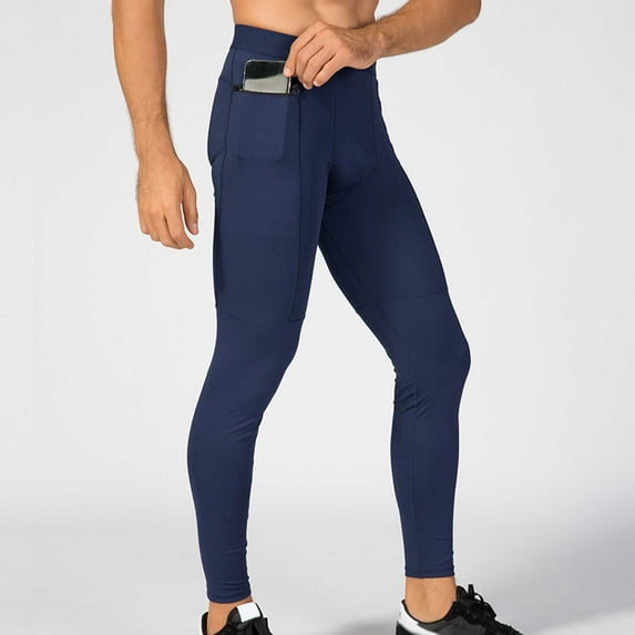 BXINGOHAI Men's Running Tights with Pockets Workout Compression Leggings Cycling Pants for Men Hiking Jogging Today Navy,S