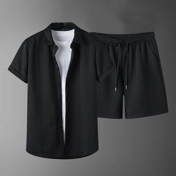 BXINGOHAI Men's Shirt and Shorts Set Short Sleeve Casual Button Down 2 Piece Summer Outfits for Men Today Sales Black,M