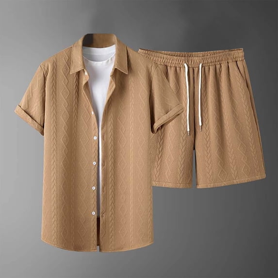 BXINGOHAI Men's Shirt and Shorts Set Short Sleeve Casual Button Down 2 Piece Summer Outfits for Men Today Sales Khaki,M