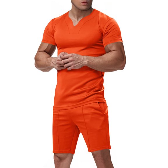 BXINGOHAI Men's Shirt and Shorts Set Summer Outfits Fashion V-Neck Short Sleeve Casual Track Suit for Men 2 Piece Short Set Orange,XL