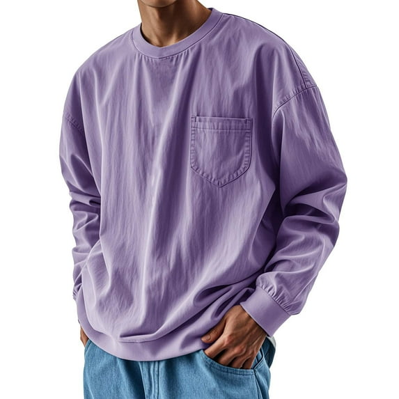 BXINGOHAI Men's Shirts Long Sleeve T-Shirt Nylon Crew Neck Midweight Tees Classic Basic Casual Tops Soft Shirt Purple XL