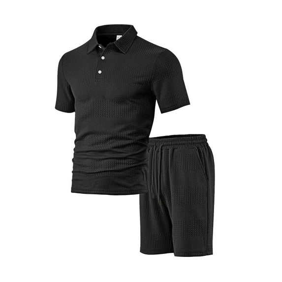 BXINGOHAI Men's Short Sets Outfits 2 Piece Summer Tracksuit Short Sleeve Shirt and Shorts Set Casual Sport Suit Black,L