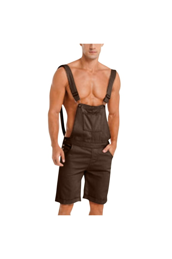 Men's Solid Color Casual Button Pocket Workwear Adjustable Shoulder Strap Cargo Shorts Today Brown,M