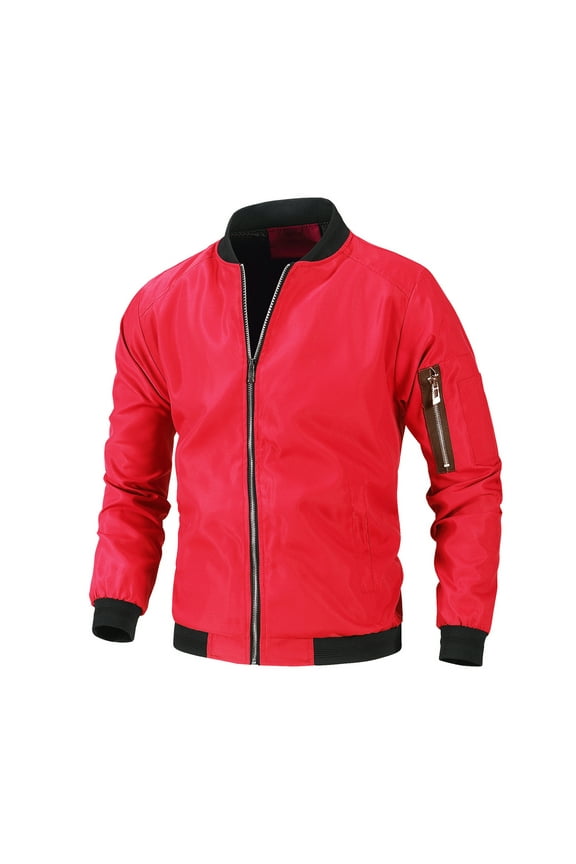 Men's Stand Collar Jacket Solid zipper Pockets jackets full zip up big and tall Long Sleeve Tops Jacket Coat Red,XL