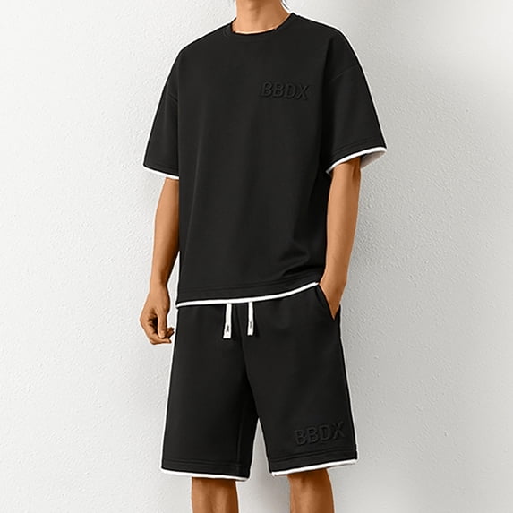 BXINGOHAI Men's Summer 2 Piece Outfits Waffle Sets Short Sleeve T Shirts and Shorts Set Vacation Beach Outfit for Men Black,4XL