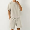 thumbnail image 1 of BXINGOHAI Men's Summer 2 Piece Outfits Waffle Sets Short Sleeve T Shirts and Shorts Set Vacation Beach Outfit for Men Today Beige,3XL, 1 of 6
