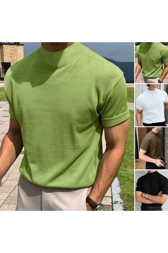Men's Summer Fashion Tight Casual Solid Color Short Sleeve High Round Neck Collar Blouse for Men Today White,5XL