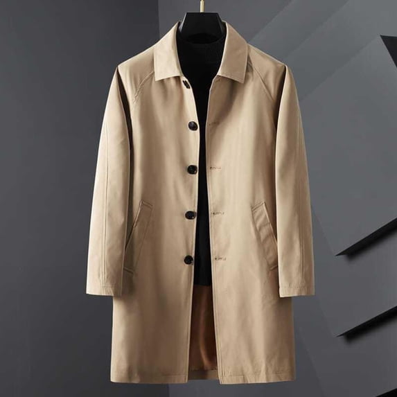 BXINGOHAI Men's Trench Coat Slim Fit Notch Lapel Single Breasted Top Coat Winter Warm Cotton Business Long Jacket Overcoat Khaki XXS