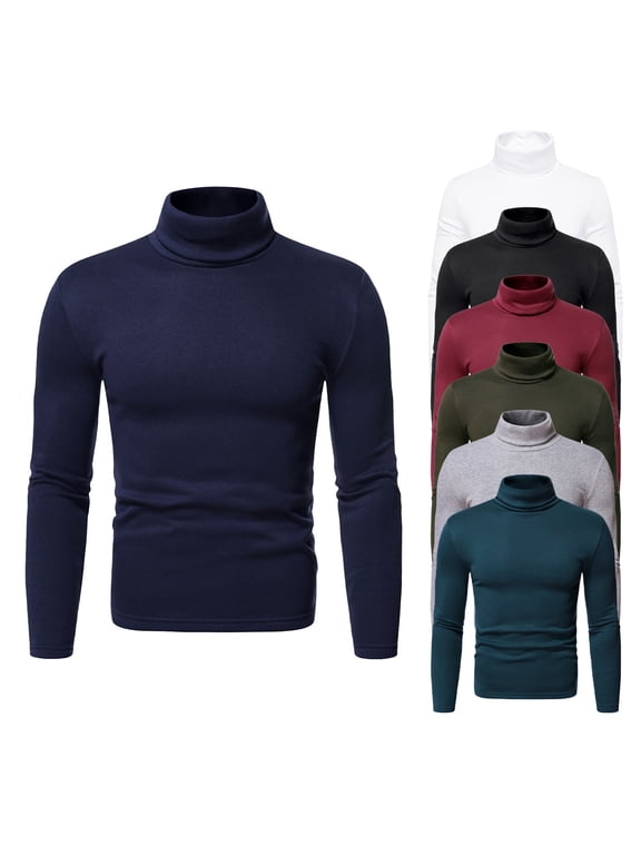 Men's Turtleneck Shirts, Long Sleeve Cotton Pullover Sweaters Mock Neck Knitted T Shirt Basic Slim Fit Tee Tops Blue L