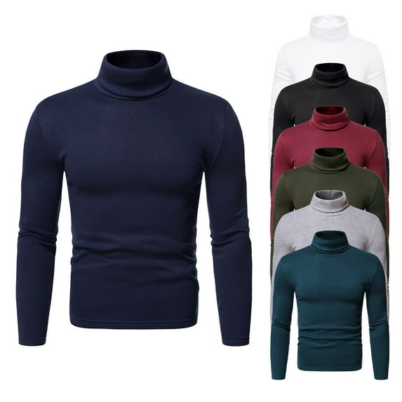 BXINGOHAI Men's Turtleneck Shirts, Long Sleeve Cotton Pullover Sweaters Mock Neck Knitted T Shirt Basic Slim Fit Tee Tops Navy L