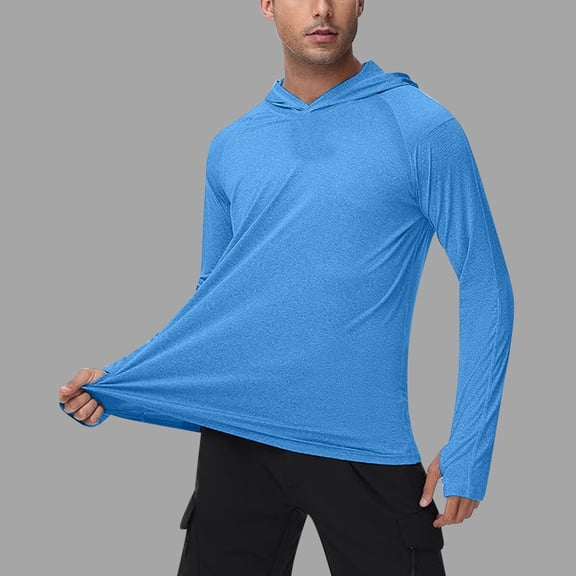 BXINGOHAI Men's UPF 50+ Hoodie Shirts Long Sleeve Sun Protection Fishing Swim Lightweight UV SPF Running Rash Guard Quick Dry Light Blue,XXL