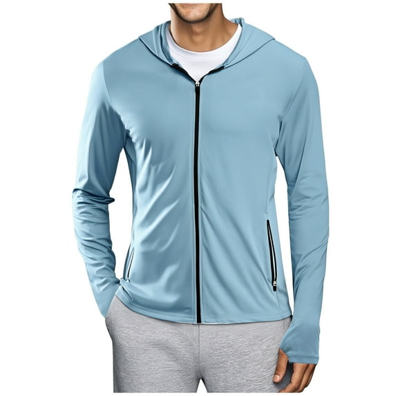BXINGOHAI Men's UPF 50+ Sun Protection Hoodie Jacket Lightweight Full Zip Hoodies Long Sleeve Shirts for Men Hiking Fishing Light Blue 3XL