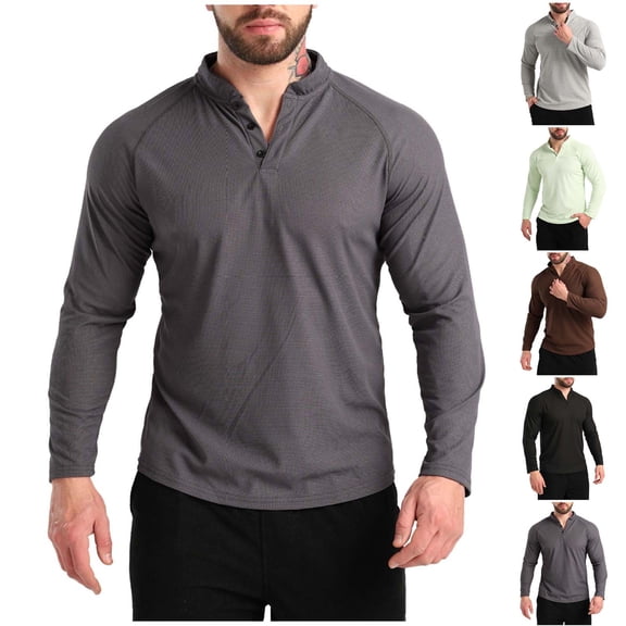 BXINGOHAI Men's V-Neck Long Sleeve Compression Shirts, Athletic Base Layer Top, Winter Running T-Shirt Gray S