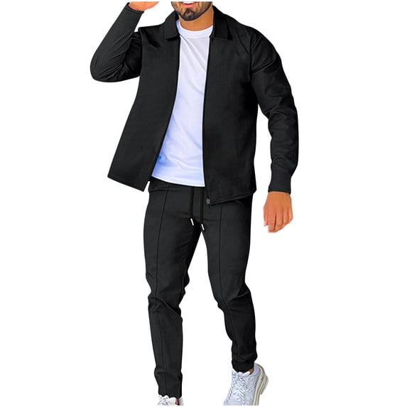 BXINGOHAI Men's Waffle 2 Piece Sets Full Zip Up Long Sleeve Outfits Lapel Jacket With Elastic Waist Drawstring Pants Outdoor Streetwear Set Today Black,L