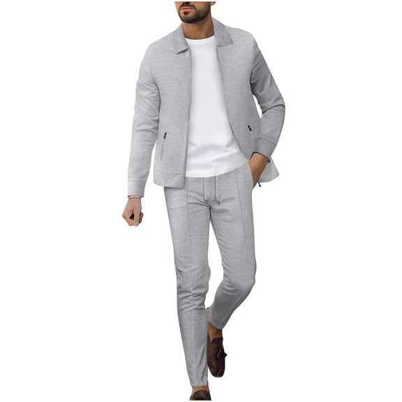 BXINGOHAI Men's Waffle Casual Solid Color Sports Long Sleeved Button Pocket Lapel Cardigan Leg Tied Pants Set Sale Gray,S