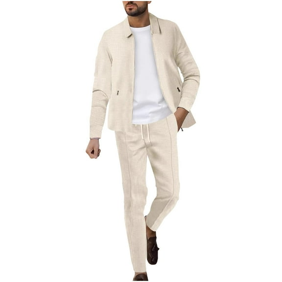 BXINGOHAI Men's Waffle Casual Solid Color Sports Long Sleeved Button Pocket Lapel Cardigan Leg Tied Pants Set Today Sales Beige,2XL