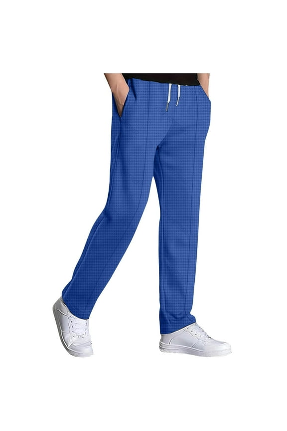 Men's Waffle Sweatpants Stretch Waist Drawstring Casual Tapered Joggers Gym Pants with Pockets Blue,S