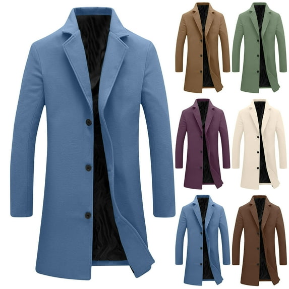 BXINGOHAI Men's Winter Coat Trench Big and Tall Overcoat Casual Single Breasted Mid-Long Pea Top Jacket Blue,XL