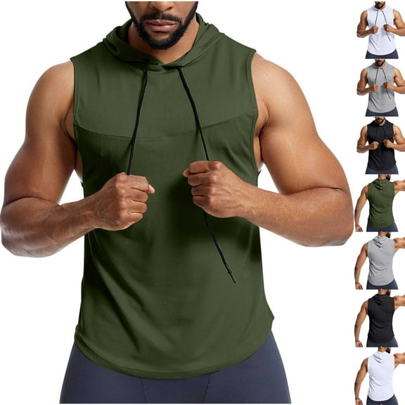 BXINGOHAI Men's Workout Hooded Tank Tops Sleeveless Gym Hoodies Bodybuilding Muscle Cut Off T-Shirts Army Green,L